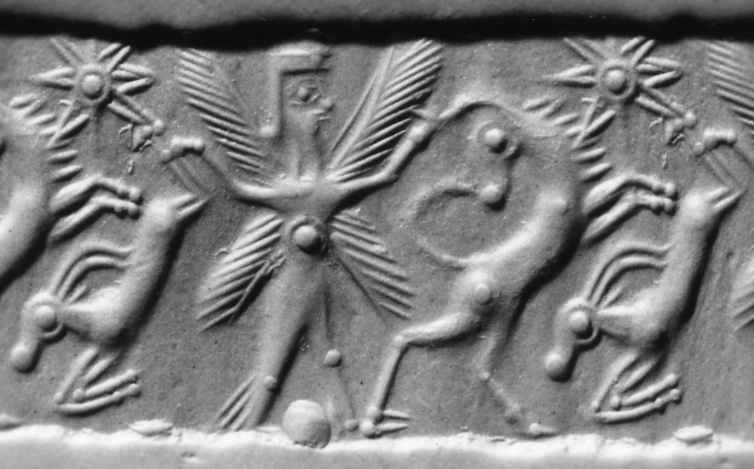 Winged hero grasping bull and carrying gazelle (antelope)