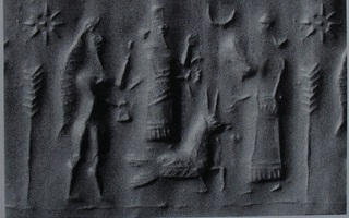 Worshipper facing Ea standing on goat-fish (suhurmashu) next to human-headed fish apkallu (fish-cloaked priest)