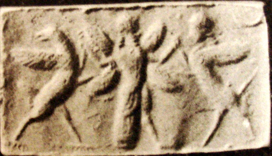 Winged hero grasping griffin and human-headed winged lion (shedu, sphinx)