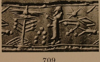 Worshipper facing stylised tree under winged sun-disc