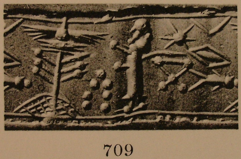 Worshipper facing stylised tree under winged sun-disc