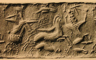 Archer hunting lions from chariot
