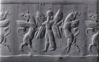 Winged hero grasping winged bull on either side