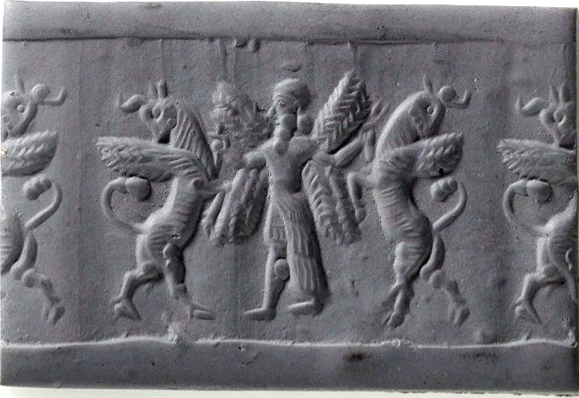 Winged hero grasping winged bull on either side