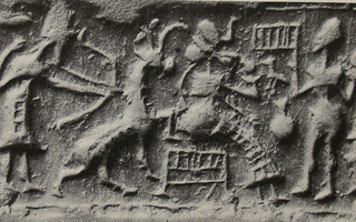 Dual scene: Hunting scene depicting archer hunting mouflon/Banquet scene depicting pot between king sitting on stool and his attendant