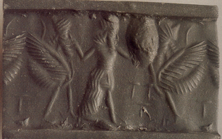 Hero grasping scorpion-tailed bird-man on either side