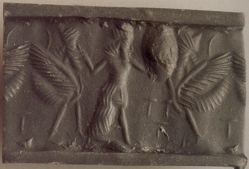 Hero grasping scorpion-tailed bird-man on either side