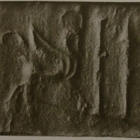 Human-faced winged wild (ibex) approaching divine symbols