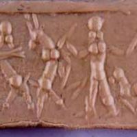 Hero grasping wild goat (ibex) and human-headed winged lion (lamassu, sphinx) while small quadruped at his feet