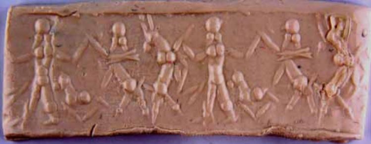 Hero grasping wild goat (ibex) and human-headed winged lion (lamassu, sphinx) while small quadruped at his feet