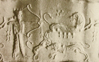 Royal hero (archer) hunting lion and boar with dog (hound)