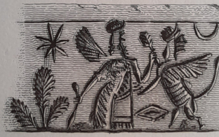 Winged hero fighting rampant human-headed winged lion (shedu, sphinx)