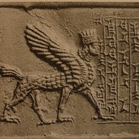 Striding human-headed griffin