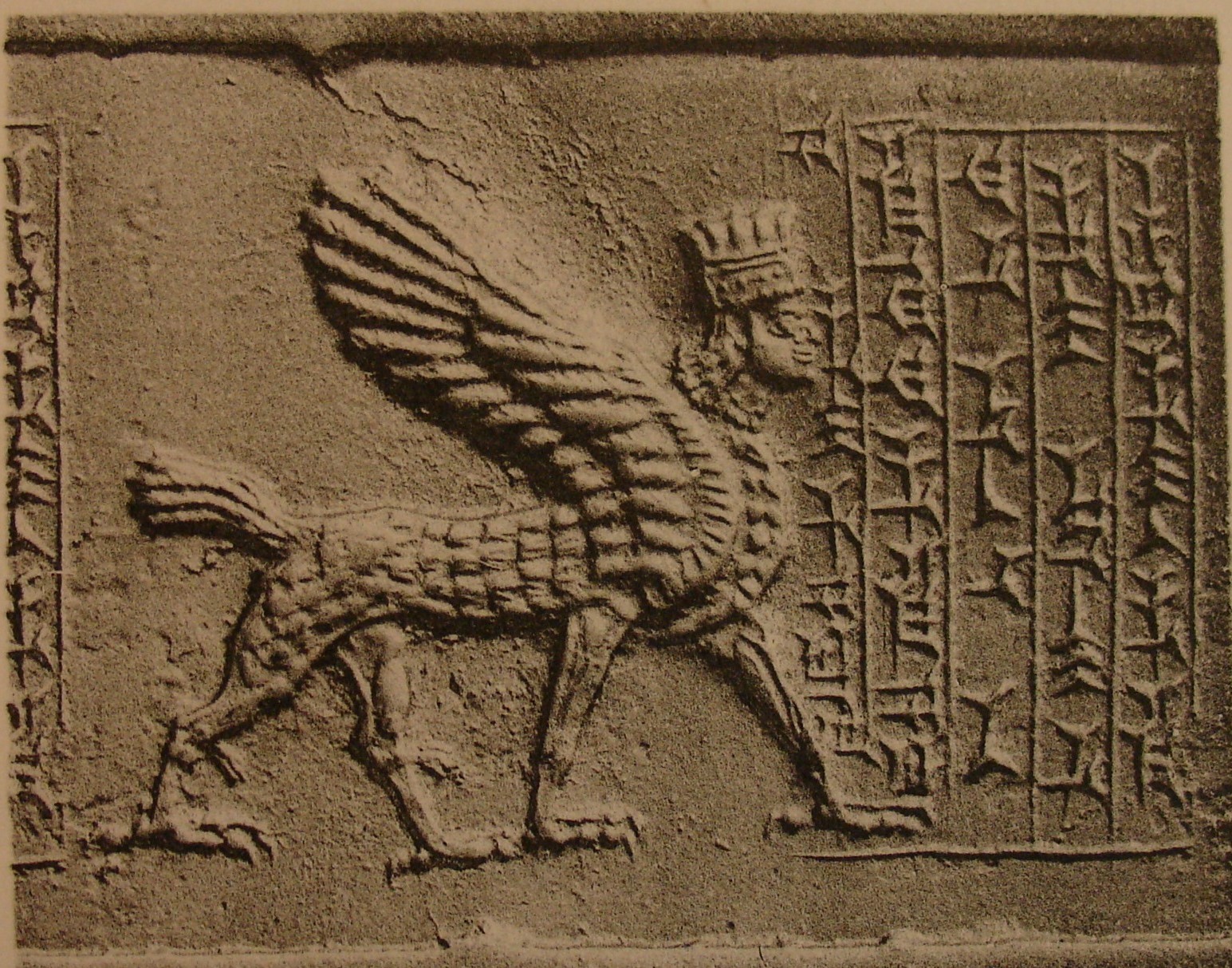 Striding human-headed griffin