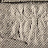 Winged hero grasping winged bull on either side