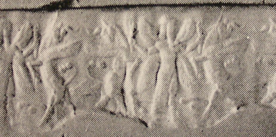 Winged hero grasping winged bull on either side