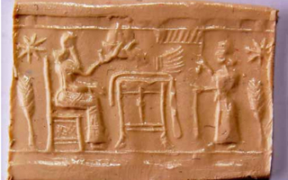 Table between king sitting on throne and his attendant