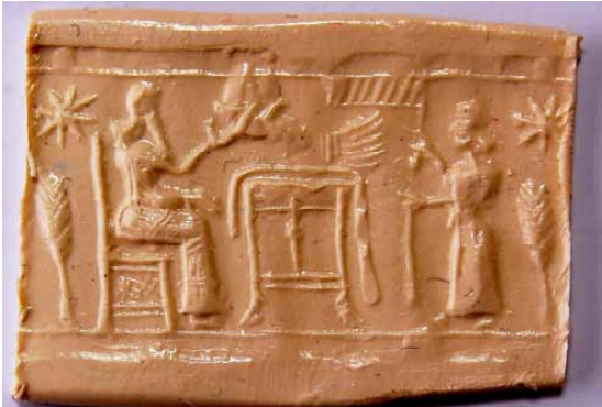 Table between king sitting on throne and his attendant