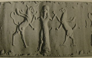 Hero grasping winged bull and griffin