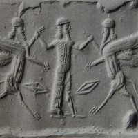 Hero fighting human-headed winged lion (lamassu, sphinx) on either side