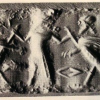 Hero grasping human-headed winged lions (shedu and lamassu, sphinxes)