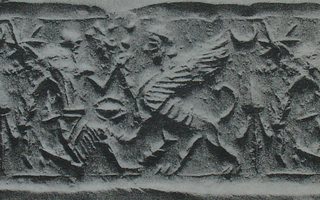 Hero fighting human-headed winged lion (shedu, sphinx)