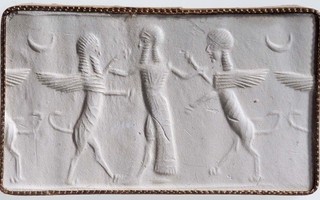 Hero grasping human-headed winged lions (shedu and lamassu, sphinxes)