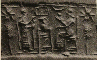 Pot-stand between king sitting on throne and his attendant