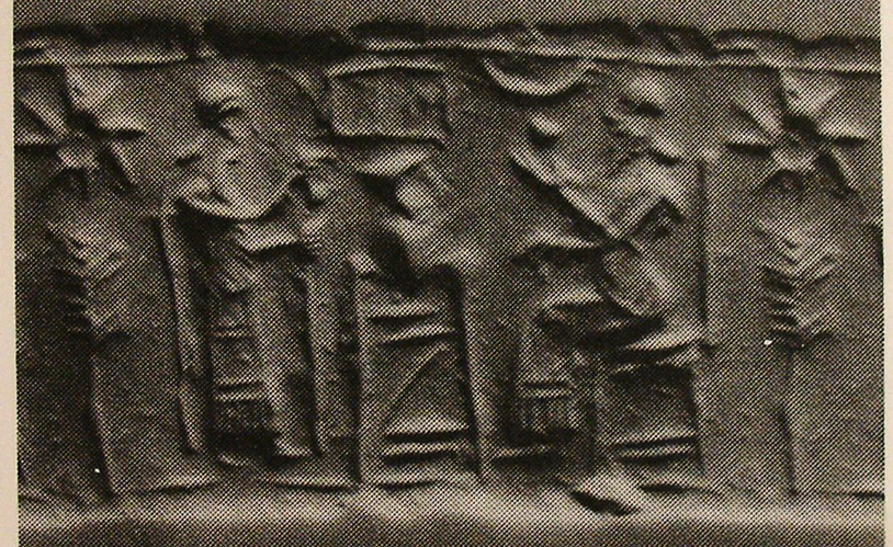 Pot-stand between king sitting on throne and his attendant