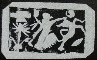 Hero fighting rampant bull beside winged sun-disc above stylised tree (rosette tree)