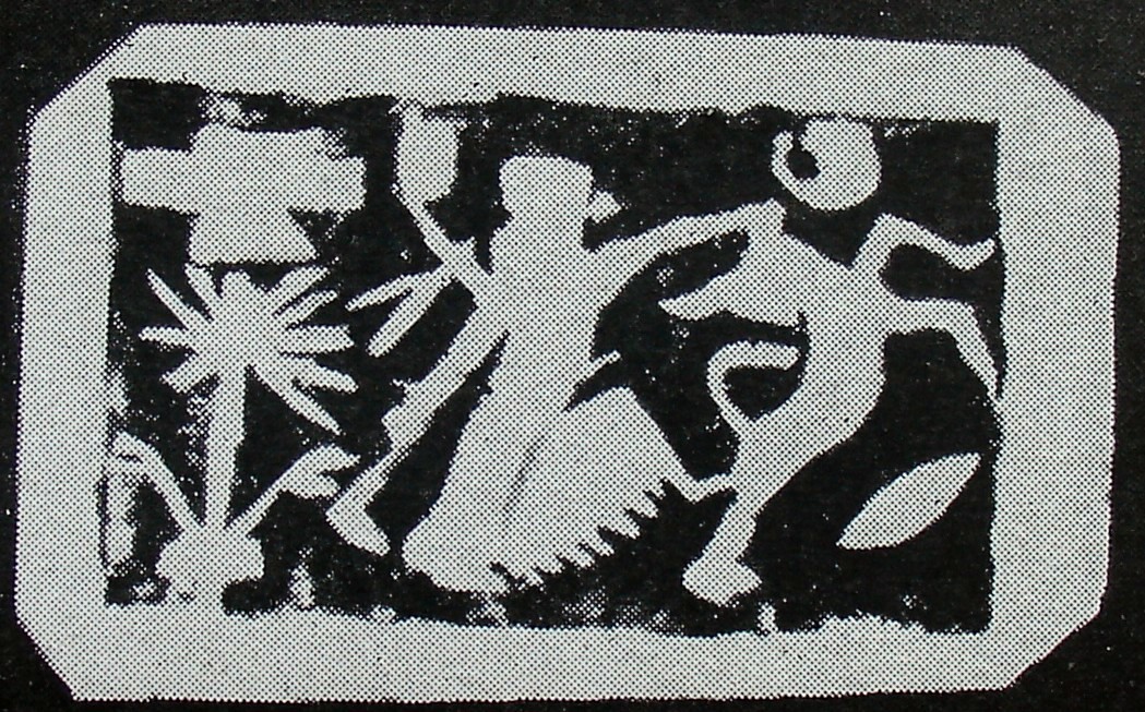 Hero fighting rampant bull beside winged sun-disc above stylised tree (rosette tree)