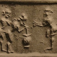 Male and female figures engaged in sexual activity opposite male figure balancing on one leg