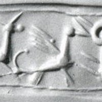 Three animals facing stylised plant