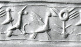 Three animals facing stylised plant