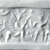 Hero or bull-man (kusarikku) fighting human-headed winged lion (shedu, sphinx)