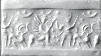 Hero or bull-man (kusarikku) fighting human-headed winged lion (shedu, sphinx)