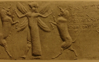 Winged hero grasping bull on either side