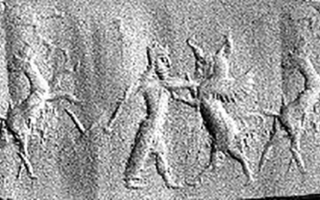 Royal hero fighting winged bull beside wild goat (ibex)