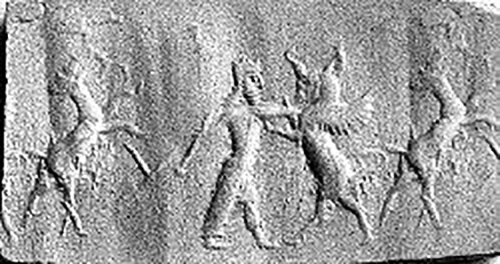 Royal hero fighting winged bull beside wild goat (ibex)