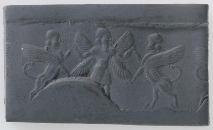 Winged hero grasping human-headed winged lion (lamassu, sphinx) on either side