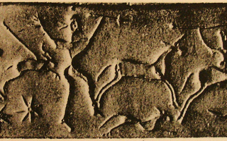 Spearmen on horseback hunting gazelle and spearman on foot hunting bull with dog (hound)