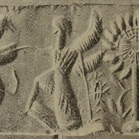 Winged hero fighting rampant griffin beside stylised tree (modern [i.e., fake])