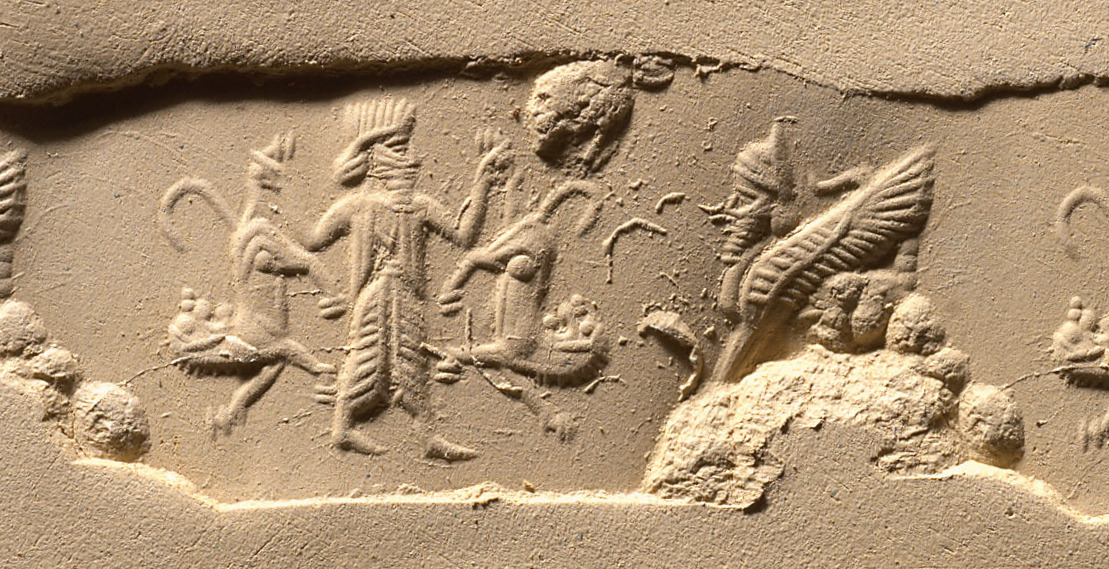 Royal hero carrying lion on either side beside scorpion-tailed bird-man