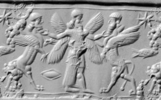 Winged hero grasping human-headed winged lion (shedu, sphinx) on either side