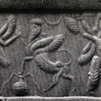 Winged hero fighting human-headed winged lion (lamassu, sphinx)