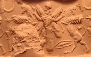 Winged hero grasping winged bull on either side