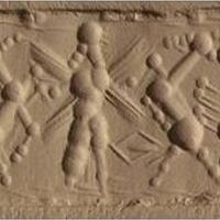 Winged hero grasping mouflon on either side