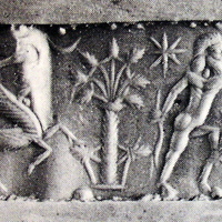 Hero fighting human-faced winged wild goat (ibex) beside stylised tree (rosette tree)