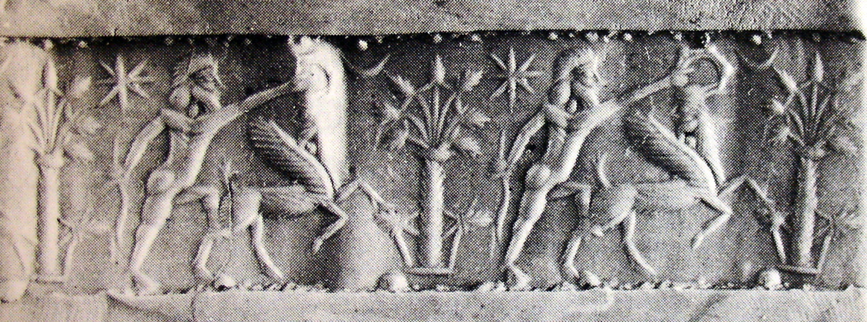 Hero fighting human-faced winged wild goat (ibex) beside stylised tree (rosette tree)