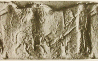 Stamp-cylinder seal: Royal hero (spearman) hunting boar (cylinder image) –  two quadrupeds back-to-back (stamp image)